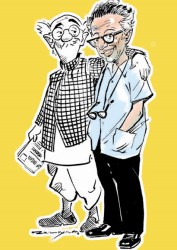 A self caricature by R. K. Laxman with his common man. [Source: https://en.wikipedia.org/wiki/File:Laxman_with_common_man.jpg]